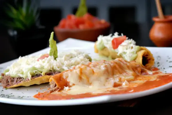 Enchiladas och en tostad med ost, guacamole och kött. En härlig tallrik med mexikansk mat som ser utsökt ut.