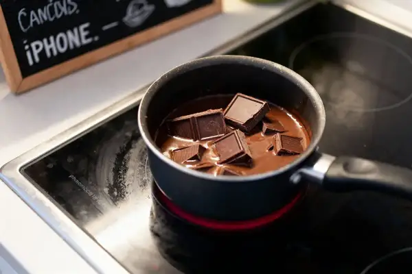 Des morceaux de chocolat noir fondent doucement dans une casserole sur une plaque chauffante, prêts à être transformés en une délicieuse ganache.