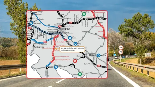 Mapa drogowa z zaznaczonymi trasami S3, S5, S8, A4, A8. Widoczne miasta: Wrocław, Legnica, Wałbrzych, Opole. M28 rozkład jazdy.