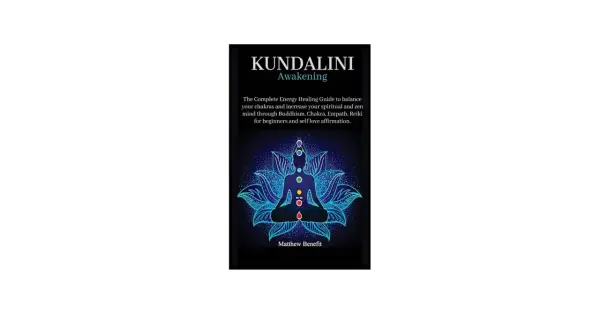 Boken "Kundalini Awakening" visar en person i meditationsställning med färgade chakran. En guide till energibalans och zen.