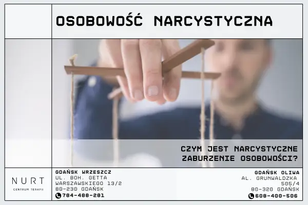 Dłoń trzyma sznurki marionetki, symbolizując kontrolę i zaburzenie osobowości.