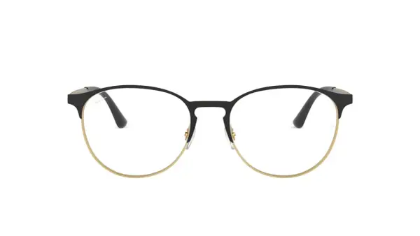 Eleganckie okulary korekcyjne Ray-Ban z czarnymi oprawkami i złotym wykończeniem. Jedne z dobrych marek okularów korekcyjnych.
