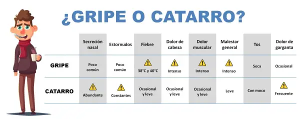Ilustración compara síntomas de gripe y catarro. El resfriado por enfriamiento se contagia, mostrando diferencias en secreción nasal, fiebre y tos.