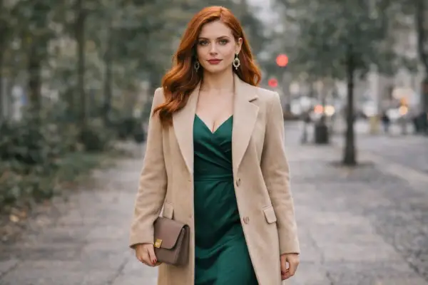 Elegancka kobieta w beżowym płaszczu o klasycznym fasonie, z zieloną sukienką i brązową torebką.
