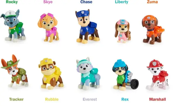Kolekcja zabawek z Psiego Patrolu: Rocky, Skye, Chase, Liberty, Zuma, Tracker, Rubble, Everest, Rex i Marshall gotowi do akcji.