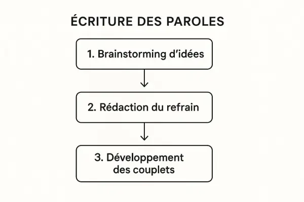 Schéma de l'écriture des paroles : brainstorming d'idées, rédaction du refrain, puis développement des couplets.