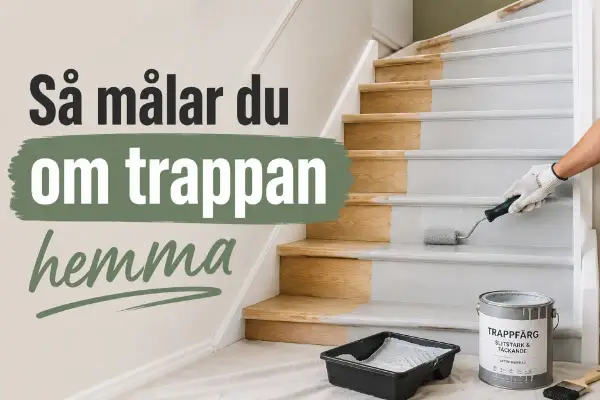 En person med handskar målar trappsteg grå med en liten roller. Texten "Så målar du om trappan hemma" syns till vänster.