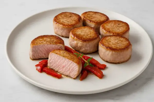 Seis medallones de solomillo a la plancha, jugosos y dorados, servidos con pimientos rojos asados y una ramita de hierbas.