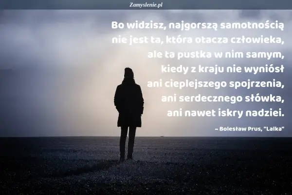 Samotność cytaty: postać w polu, w tle mgła i słońce. Najgorsza samotność to pustka w sercu, brak ciepła i nadziei.