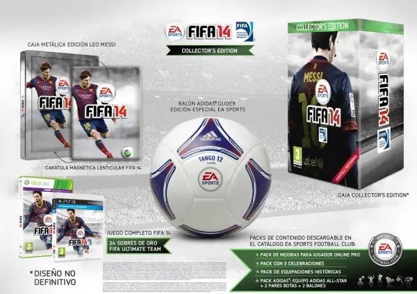 Edición Coleccionista de portada fifa 14 con balón, caja metálica de Leo Messi y juegos para Xbox 360 y PS3.