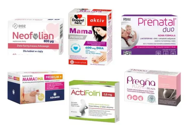 Suplementy diety z kwasem foliowym dla kobiet w ciąży: Neofolian, Doppel Herz Mama Premium, Prenatal Duo, MAMADHA PREMIUM+, ActiFolin, Pregna Plus.