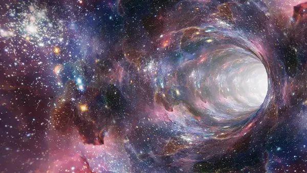 Un tunnel cosmico vorticoso, un'affascinante spiegazione scientifica dell'universo, con stelle scintillanti e nebulose colorate.