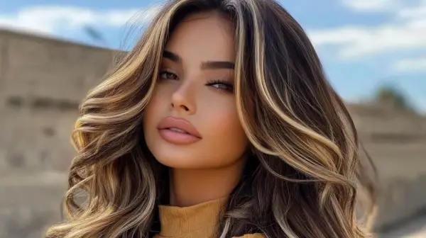 Mujer con cabello bronde ondulado, con reflejos rubios y castaños que iluminan su rostro.
