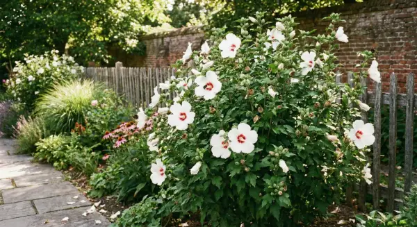 Krzew kwitnącego hibiskusa odmiany syriacus z białymi kwiatami i czerwonymi środkami, w letnim ogrodzie.