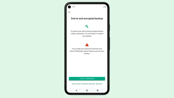 Ekran telefonu z opcją tworzenia hasła do szyfrowanej kopii zapasowej WhatsApp. Pamiętaj, by nie zgubić hasła!