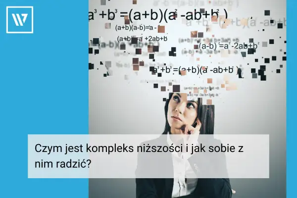 Kobieta zmagająca się z matematycznym kompleksem. W jej głowie mnożą się wzory, symbolizując trudności w zrozumieniu.