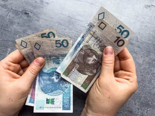 Dłonie trzymają polskie banknoty 10 i 50 zł. Może to symbolizować oczekiwanie na ponowne przeliczenie emerytury ZUS.
