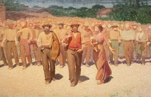 Un corteo di persone in abiti da lavoro, con un uomo in primo piano con gilet arancione. Un'immagine che evoca la vita e le tradizioni di Volpedo cosa vedere.