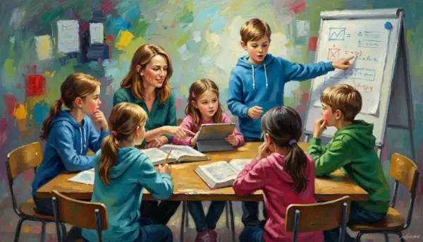 Kinder lernen gemeinsam mit einer Lehrerin. Ein Junge erklärt etwas an einer Tafel. Dies ist ein Beispiel für soziales Lernen.
