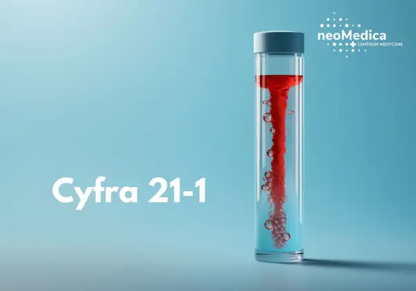 Cyfra 21-1: czerwona ciecz wiruje w probówce, tworząc pęcherzyki. Logo NeoMedica Centrum Medyczne.
