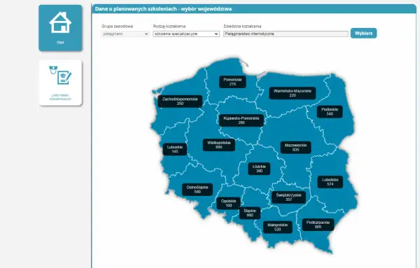 Mapa Polski z danymi o szkoleniach specjalizacyjnych dla pielęgniarek. Sprawdź, ile trwa specjalizacja pielęgniarska w różnych województwach.
