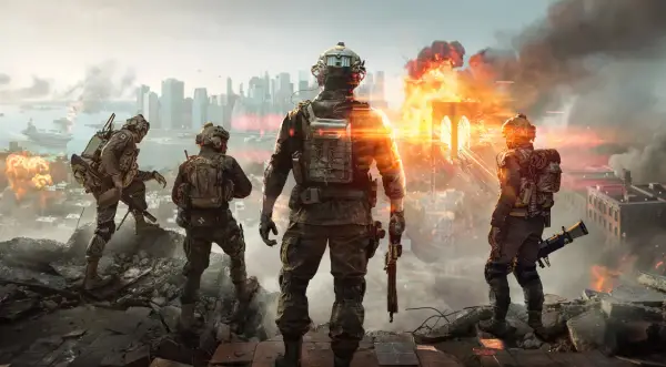 Żołnierze obserwują zniszczone miasto w kampanii Battlefield 6. Wybuchy i dym unoszą się nad mostem i budynkami.