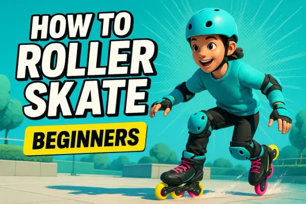 Chłopiec w kasku i ochraniaczach uczy się, jak skręcać na rolkach. Napis "How to Roller Skate Beginners" informuje o temacie.