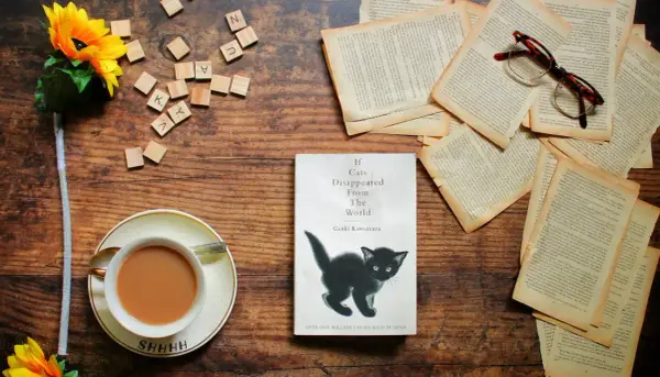 Libro "If Cats Disappeared From The World" con un gattino nero, occhiali, fiori e una tazza di tè. La trama esplora un mondo senza gatti.