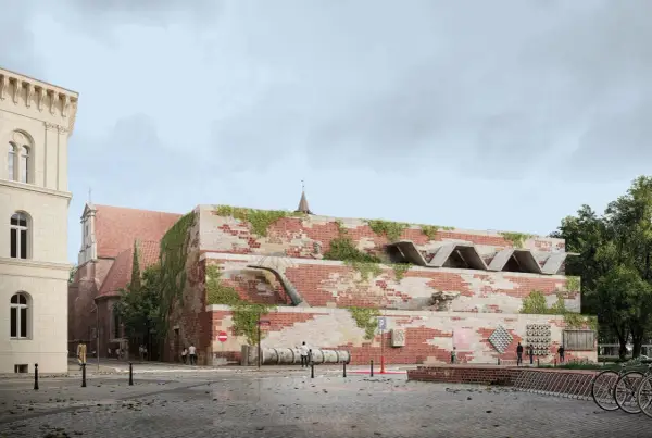 Nowoczesna bryła z cegły, porośnięta zielenią, nawiązuje do historycznych budynków. Jej projekt opiera się na **dry principles** estetyki i funkcjonalności.