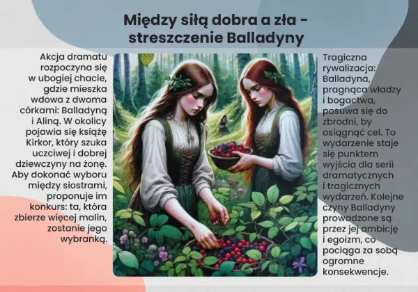 Dwie siostry zbierają maliny. Balladyna, pragnąc władzy, posunie się do zbrodni. Krótkie streszczenie Balladyny.
