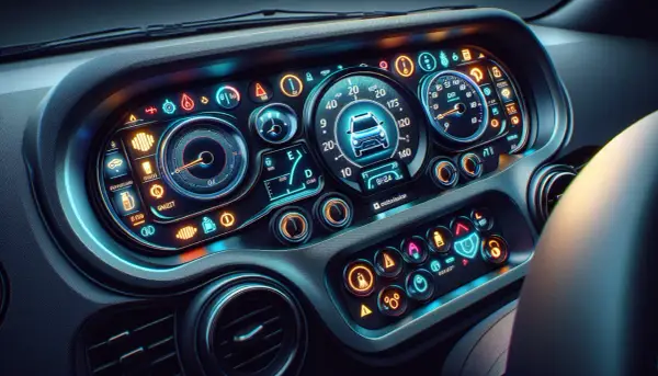 Cyfrowe zegary Dacia Sandero, gotowe do kasowania inspekcji. Wskaźniki świecą neonowym blaskiem, czekając na reset.