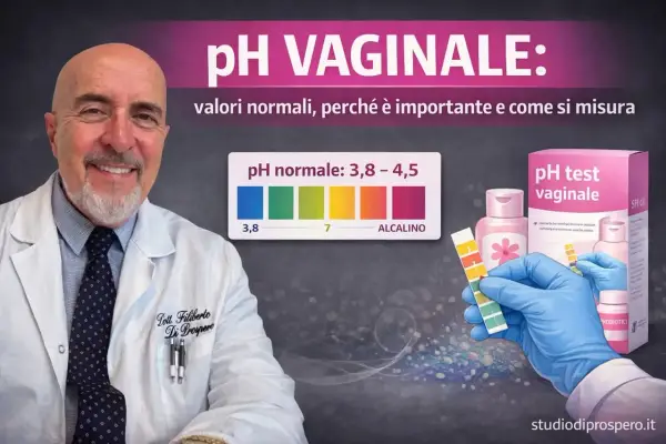 Medico sorridente in camice bianco, con grafico pH vaginale e kit test. Immagine a tema medicina.