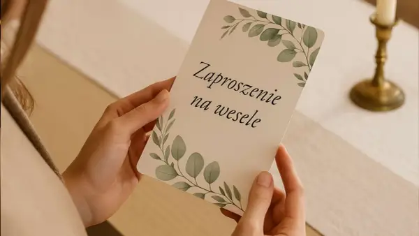 Dłonie trzymają zaproszenie na wesele z motywem liści. To ważny moment, gdy para młoda odpowiada na pytania o ślub.