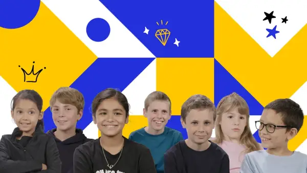 Uśmiechnięte dzieci, pokolenie alfa, na tle geometrycznych kształtów w kolorach żółtym i niebieskim.