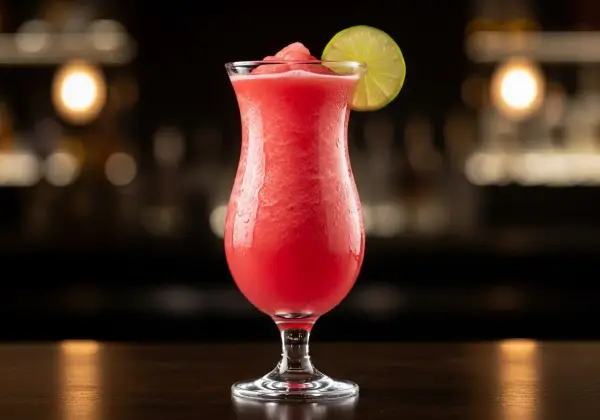 En frostig watermelon daiquiri med en limeklyfta, perfekt för en varm sommardag.