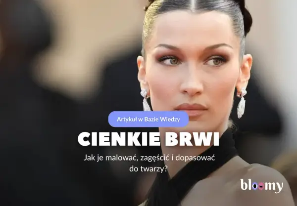 Bella Hadid z subtelnym makijażem, podkreślającym jej cienkie brwi. Artykuł podpowiada, jak je malować i dopasować do twarzy.