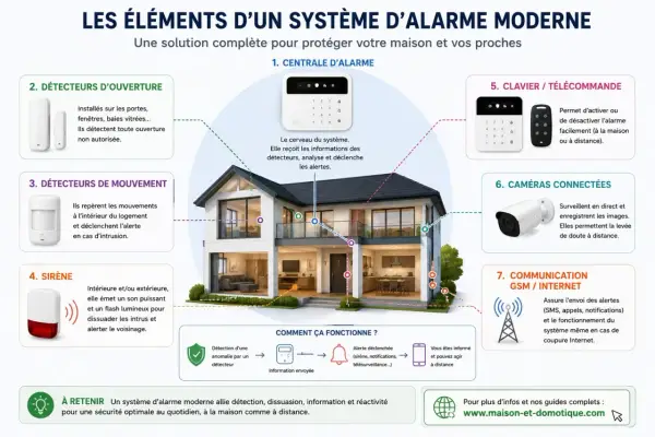 Schéma d'une installation alarme maison : centrale, détecteurs, sirène, caméras, clavier et communication pour une sécurité optimale.
