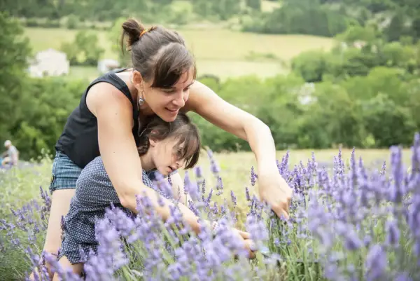 Une mère et sa fille cueillent de la lavande dans un champ. Au loin, une maison et des collines verdoyantes.