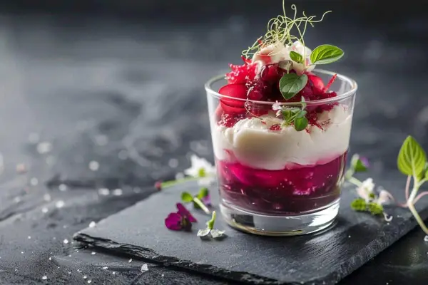 Verrines betteraves boursin vinaigre balsamique miel, une création culinaire aux couches vibrantes et garniture délicate.