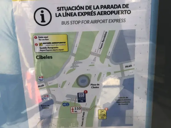 Mapa przystanków autobusowych w Madrycie. Znajdź drogę do lotniska z przystanku Airport Express.