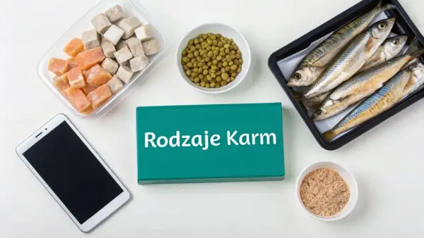 Różne rodzaje karmy dla ryb: mrożone kostki, groszek, całe ryby i granulat.