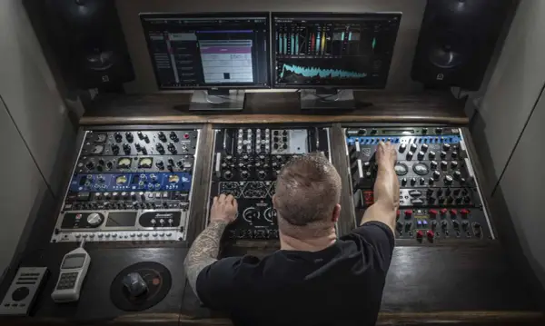 Un homme aux bras tatoués ajuste les réglages d'une console de mixage audio, entouré d'écrans affichant des formes d'ondes et des analyseurs.