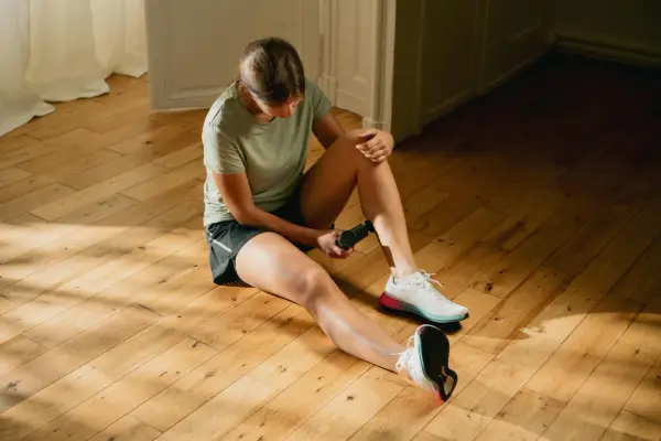 Kobieta wykonuje ćwiczenia rehabilitacyjne na stopę, używając masażera.