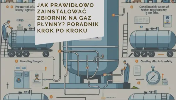 Ilustracja przedstawia schemat budowy instalacji gazowej, z naciskiem na prawidłowy montaż zbiornika na gaz płynny.