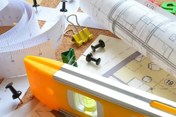 Miarka, poziomica i plany architektoniczne. Kluczowe narzędzia do wyznaczania minimalnej szerokości działki budowlanej i precyzyjnego projektowania.