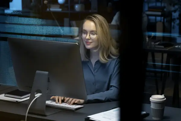 Młoda kobieta w okularach pracuje przy komputerze, na ekranie widać kod. To przyszłość cyberbezpieczeństwa, studia w tej dziedzinie otwierają wiele możliwości.