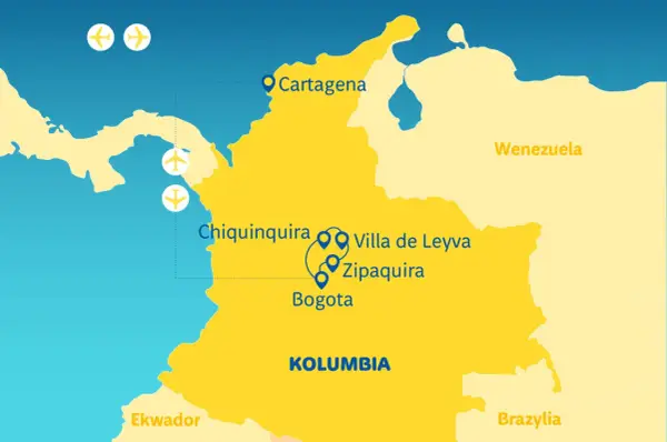 Mapa Kolumbii z zaznaczonymi miastami: Cartagena, Chiquinquira, Villa de Leyva, Zipaquira, Bogota. Widać też sąsiednie kraje: Ekwador, Wenezuela, Brazylia.