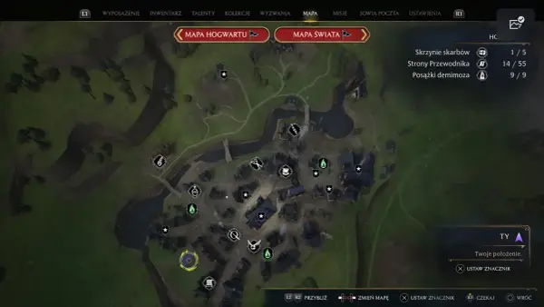 Mapa Hogsmeade z zaznaczonymi ikonami miejsc, postępami w zbieraniu stron przewodnika i skrzyń skarbów.