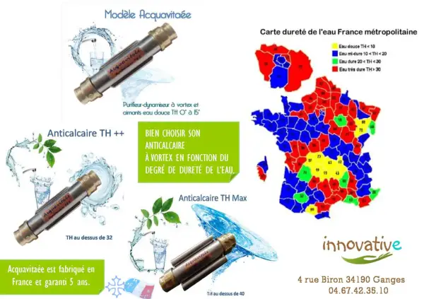 Carte de la dureté de l'eau en France, montrant les zones d'eau calcaire. Des dispositifs anticalcaires Acquavitaée sont présentés.