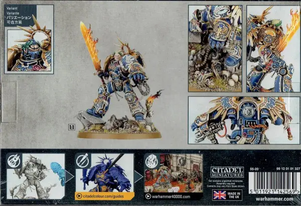 Roboute Guilliman w złotej zbroi z płonącym mieczem, gotowy do walki. Obok warianty malowania i sceny bitewne.